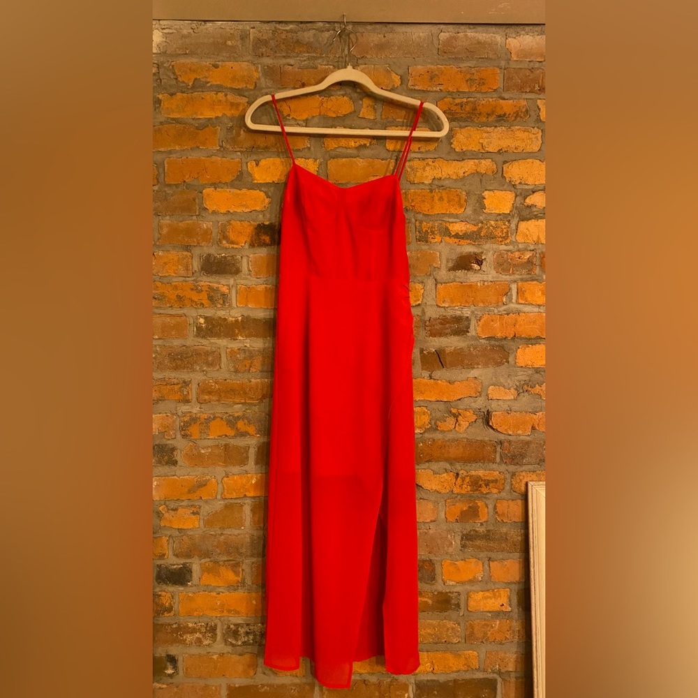Commense Sweetheart Red Mid Wrap Slit Strap Dress